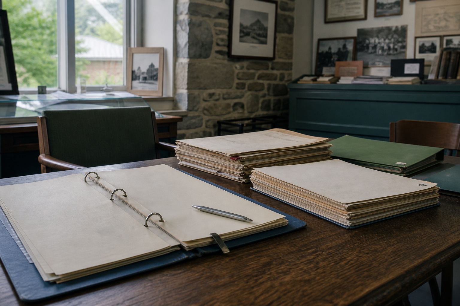Meeting minutes and a blank agenda arranged on a civic records table