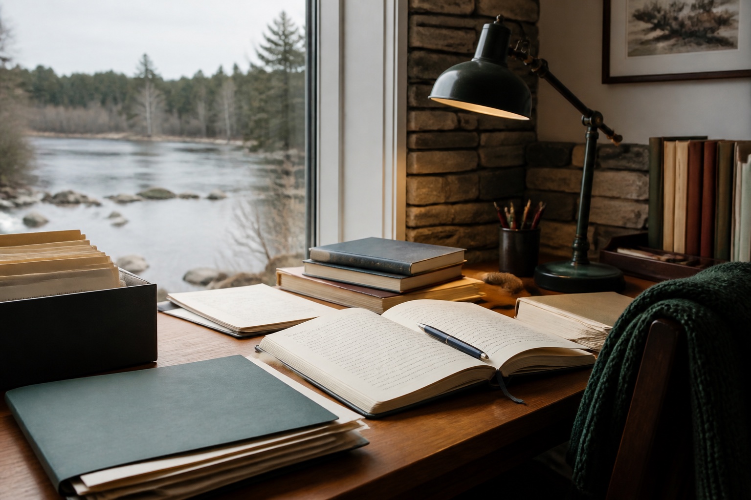A calm editorial desk with notebooks, source folders and a reading lamp