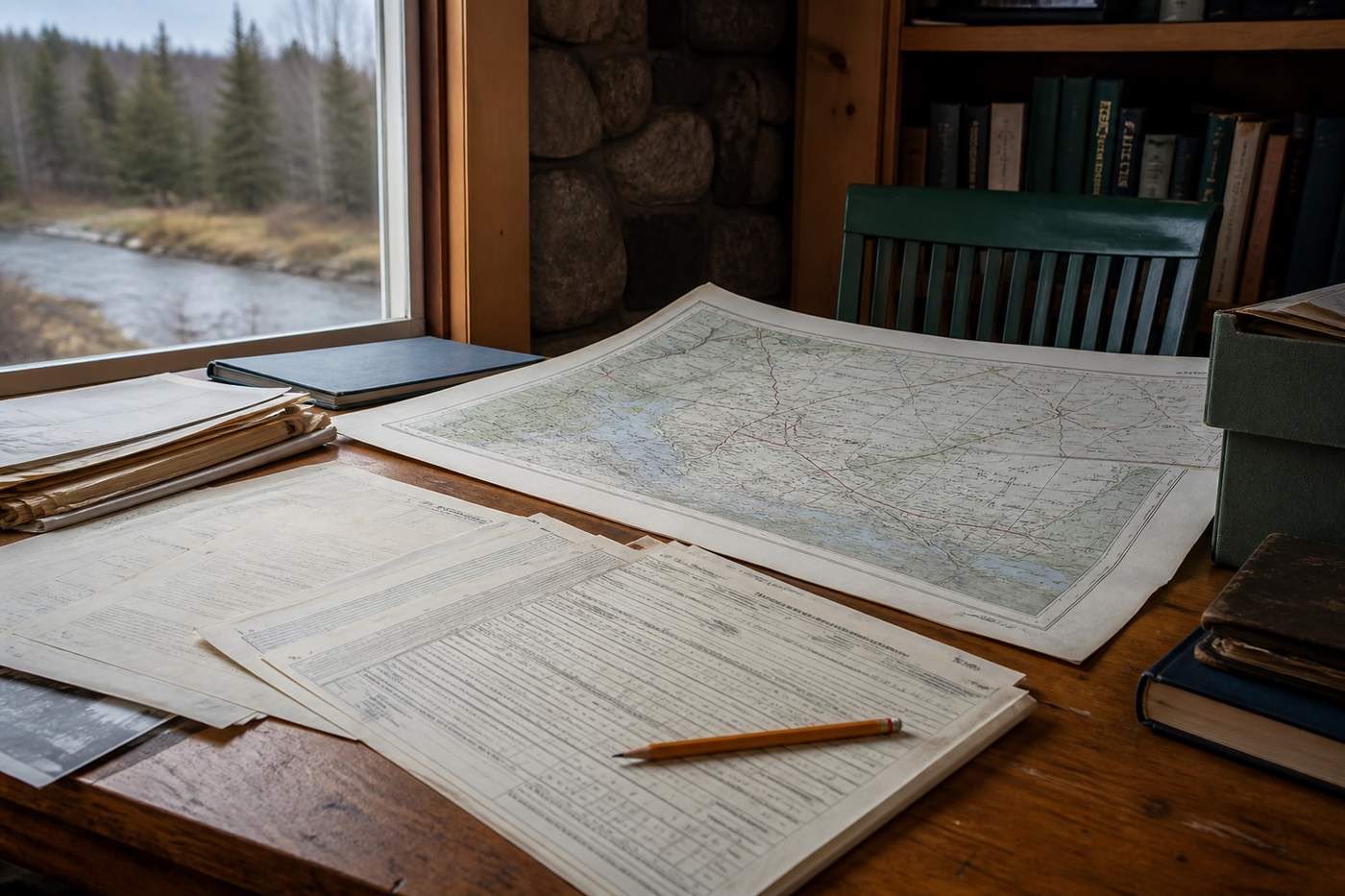 A kitchen table in late afternoon light, twelve months of utility bills and a fuel receipt spread beside a notebook with handwritten kilowatt-hour totals and a calculator.