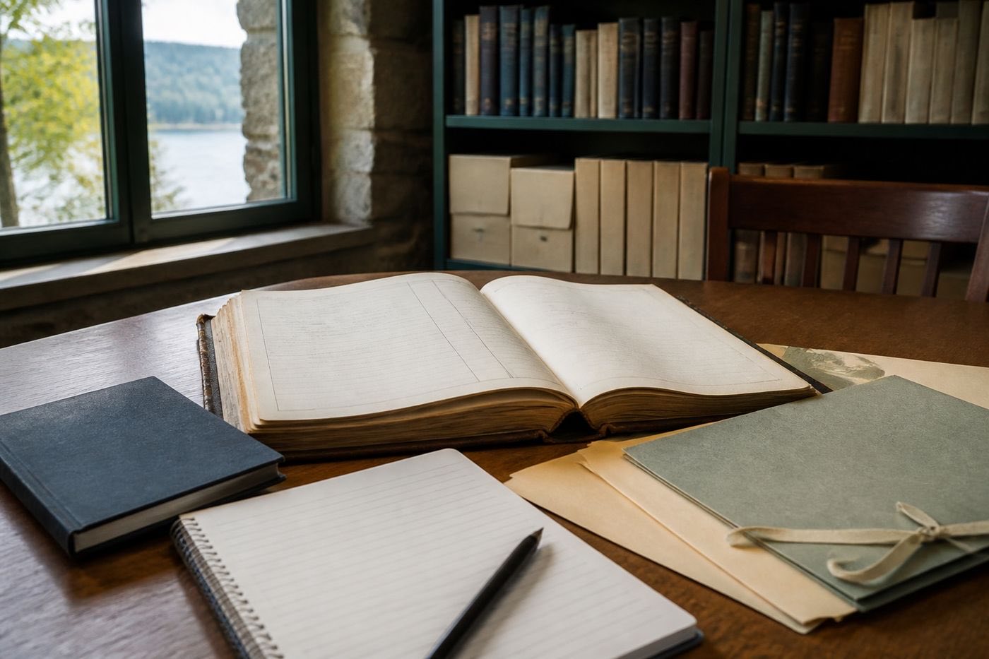 A public reading room in a regional archive, late morning light through tall windows falling across a long wooden table where bound statistical yearbooks and loose printed tables are laid open