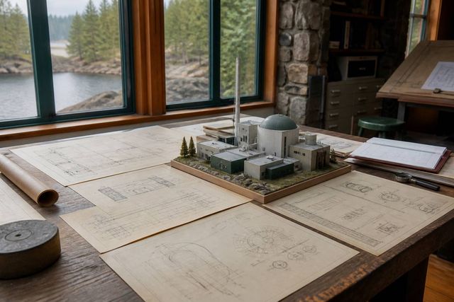 Technical drawings and a scale model of a research facility on an archive table